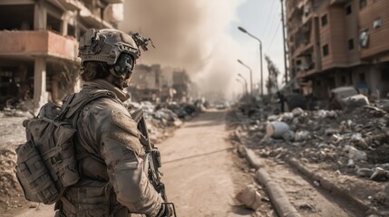 Military Patrol in Smoke-Filled Urban Street