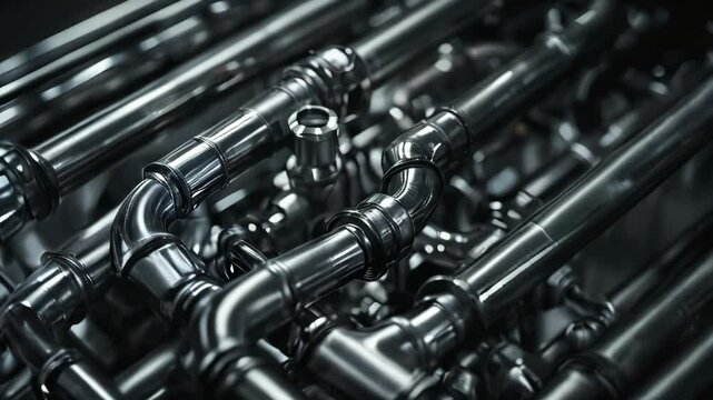 Gleaming stainless steel tubes, neatly arranged in rows inside a modern manufacturing plant, reflect industrial precision, strength, and durability, symbolizing advanced engineering	
