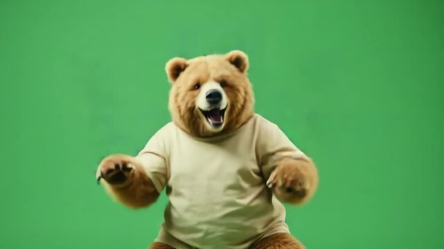 Costumed bear in tee, dancing on green screen