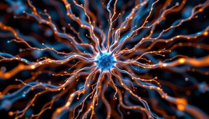 an intricate and detailed microscopic image of cells with blue nuclei and orange cytoplasm, arranged in a circular pattern and emitting a radiant light that resembles the glow from neon signs