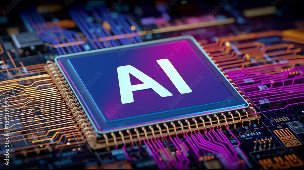 Poster ai processor illuminating circuit board with pulsing purple orange network connections, depicting in