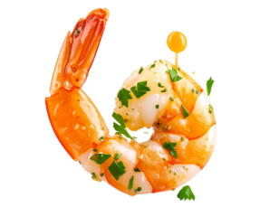  Single Jumbo Shrimp in Slow-Motion Twist with Garlic Herb Glaze, Isolated PNG