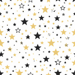 Fototapeta premium Scattered Gold and Black Stars on White Background Seamless Pattern