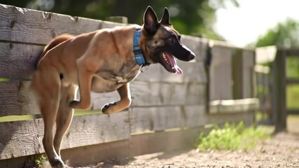 Jumping Belgian Malinois Dog Beside Wooden Fence