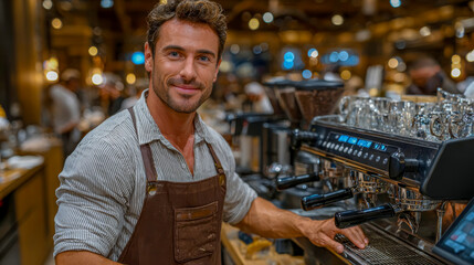 In a lively café, a skilled technician meticulously fine-tunes a sleek coffee machine on the counter