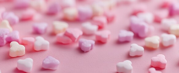 The colorful heart-shaped candies scattered on a pink background