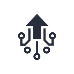 Dark gray circuit board arrow icon with circular nodes technology