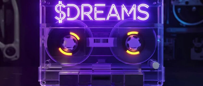 2:35:1 A vintage cassette tape rewinds inside a see-through tape deck labeled &ldquo;$DREAMS,&rdquo; analog light flickering, soft lo-fi audio loop