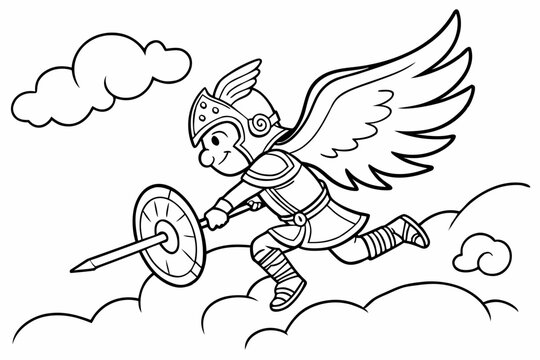 Gatotkaca, the mighty hero from Indonesian mythology, flying through the clouds. Simple line art style for a coloring page, black and white