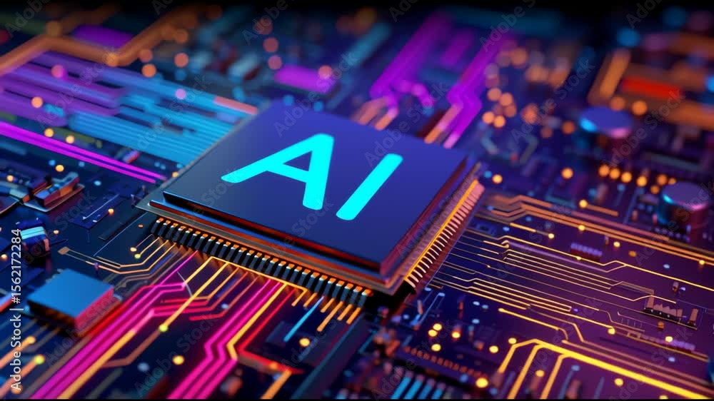 Poster glowing ai microchip radiating vibrant light across complex circuit board, representing cutting edge
