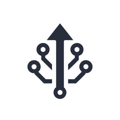 Dark grey abstract symbol with upward arrow and circular elements technology connection