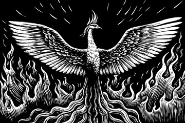 Obraz premium flaming phoenix rising from its ashes with spread wings and curved flames, perfect for mythology books, motivational posters or chest tattoos a black and white line art illustration