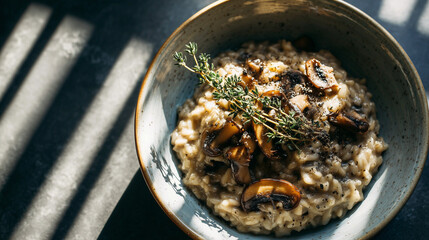 creamy mushroom risotto served in a ceramic bowl,