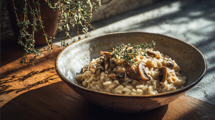 creamy mushroom risotto served in a ceramic bowl,