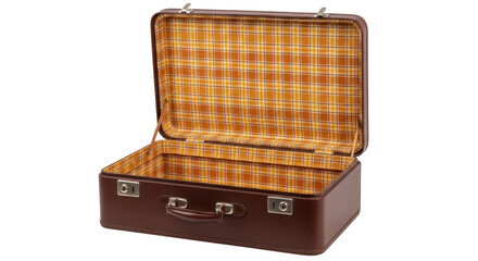 Isolated Open Vintage Brown Suitcase with Plaid Lining