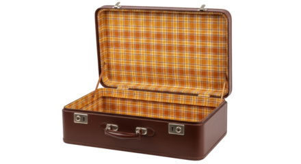 Isolated Open Vintage Brown Suitcase with Plaid Lining