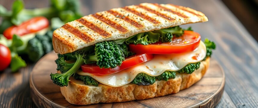 Grilled broccoli rabe & provolone sandwich on crusty bread, appetizing, restaurant