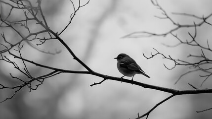 bird on a branch, black and white style 