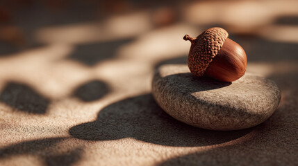 single acorn resting on a flat stone soft shadows