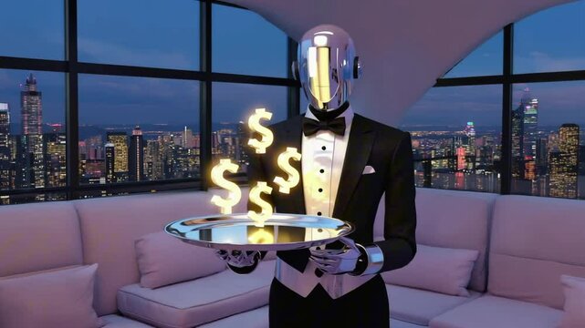 Animated butler robot serving $ signs on a silver tray inside a marble cartoon penthouse, luxury fantasy style with comic exaggeration