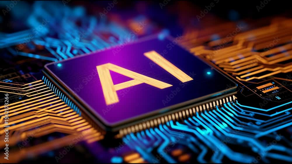 Poster futuristic ai microchip illuminating deep purple, displaying complex circuitry patterns signaling cu