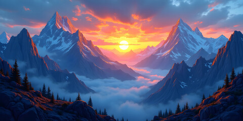 Dramatic mountain range fading into distance with warm sunset light and evergreen forest in tranquil foreground