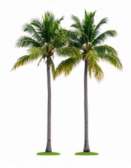 Obraz premium Two Lush Green Coconut Palm Trees Isolated on White Background.