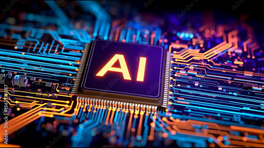 Poster glowing orange and blue ai microchip illuminating intricate electronic circuit board, representing a