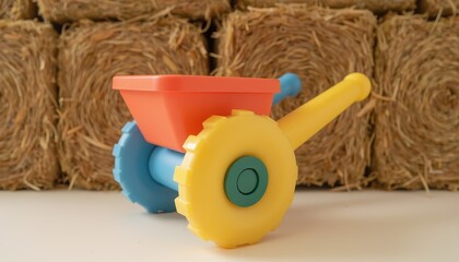 close up of a compostable toy wheelbarrow made from starch based plastic, sitting in front of a straw bale play wall.