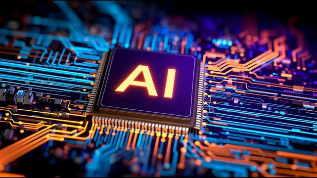 Glowing orange and blue ai microchip illuminating intricate electronic circuit board, representing advanced processing technology and innovative digital engineering