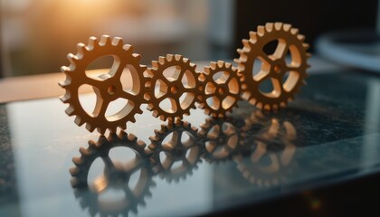 close up of interlocking gears spinning in unison