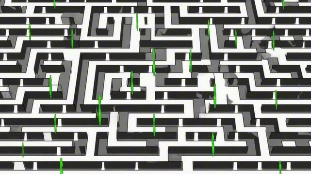 Cartoon maze filled with rotating $ signs as dead ends, characterless, stylized metaphor for wealth traps, looping top-down animation
