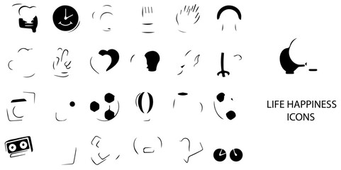 Life Happiness simple concept 24 hand drawn Black and White color icons set .Vector illustration.	