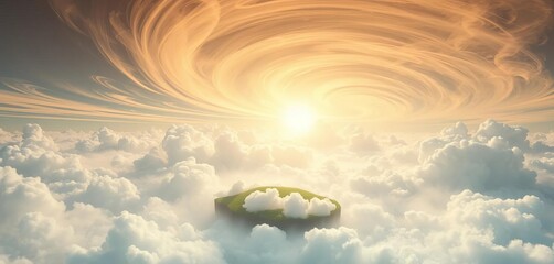 Swirling clouds embrace ethereal floating islands, a minimalist dreamscape of pristine beauty,   elevation,   art