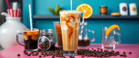 Tall glass of iced coffee, cream poured, coffee beans, various coffee drinks, pink table, energy, brown