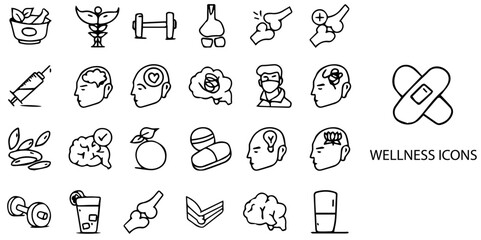 Wellness simple concept 24 hand drawn Black and White icons set .Vector illustration.	