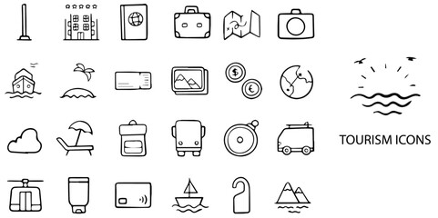 Tourism simple concept 24 hand drawn Black and White color icons set .Vector illustration.	