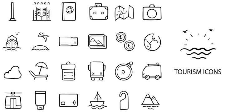 Tourism simple concept 24 hand drawn Black and White color icons set .Vector illustration.	