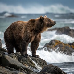 Obraz premium Majestic Brown Bear on Rocky Coastline, Dramatic Ocean Waves, Moody Atmosphere, Wildlife Photography