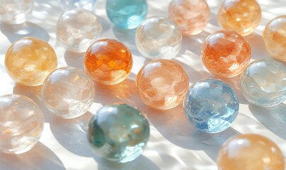 Colorful Textured Marbles Closeup, Central Focus Light Shadow Effects, Top View 3D Render Background
