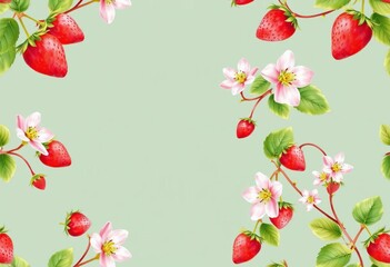 Watercolor strawberry branch seamless pattern with blossoms and leaves,  rustic,  hand-painted