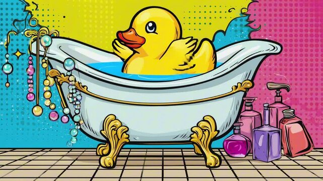 Squeaky rubber duck floating in a luxury cartoon bathtub overflowing with pearls and perfume, absurdist pop-glam