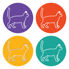 Colorful Cat Icon Set on Circles with White Outlines of Feline Silhouettes
