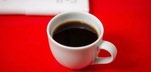 White coffee cup, black coffee, red background,  minimalist,  image
