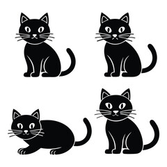 Four Black Cat Illustrations in Different Poses on a White Background
