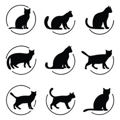 Collection of Nine Different Cat Silhouettes in Circles on a White Background