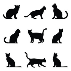 Collection of Nine Black Cat Silhouettes in Various Poses on a White Background