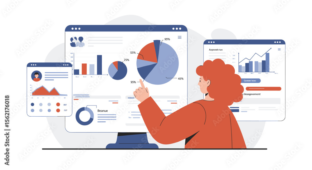 Aufkleber business data analysis vector illustration: woman analyzing charts and graphs on computer screens