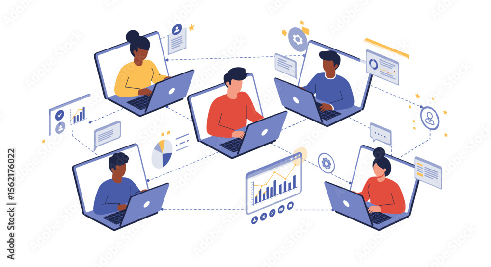 Poster remote team collaboration vector illustration for digital communication and online networking design