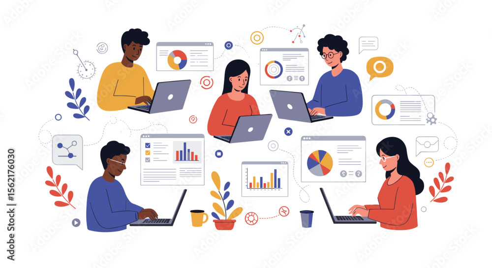 Poster team collaboration and data analysis concept - vector illustration in flat style for design projects
